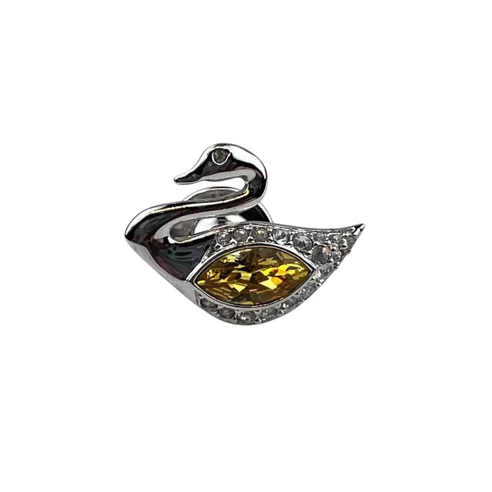 Swarovski Silver Tone Tie Tack Lapel Pin Swan Logo Yellow Crystal